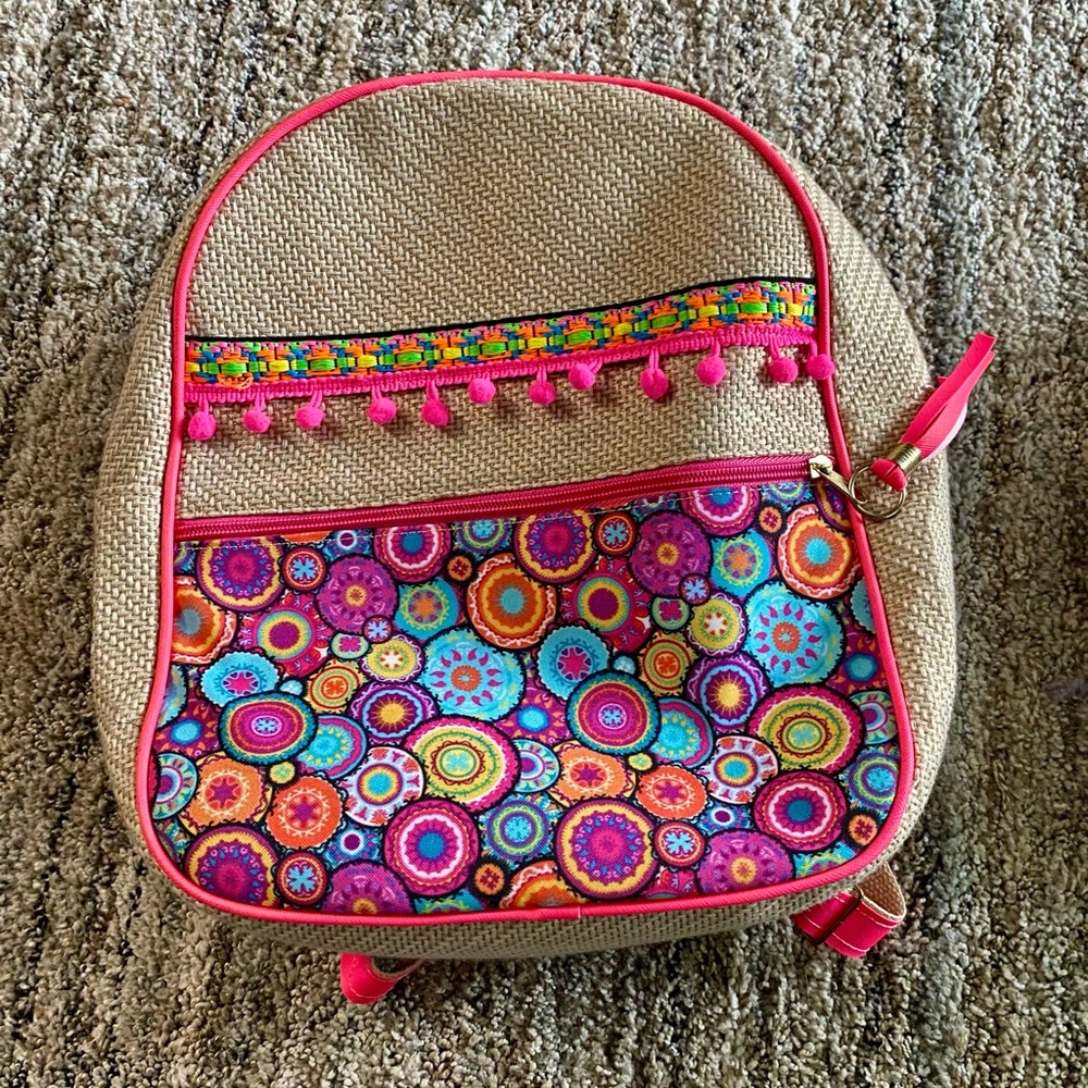 Tan Backpack with Bright Pink Trim and Multicolor Pattern (13)